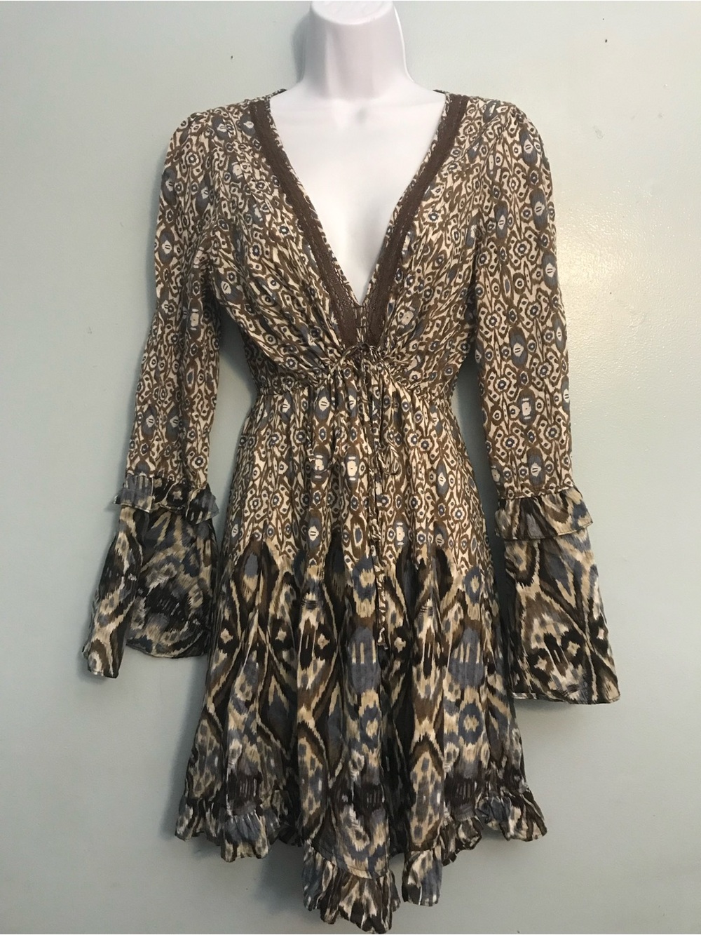 Sanctuary Brown Geometric Print Long Sleeve Mini Tunic Dress Sz M